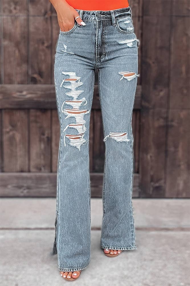 Ripped Distressed Split Flare Denim Pants | Lainey West & Co